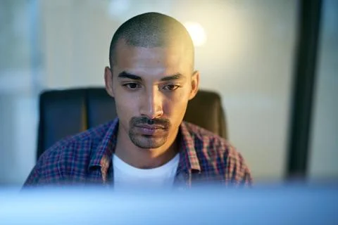 Computer, face and serious with developer man in office for coding, programming Stock Photos