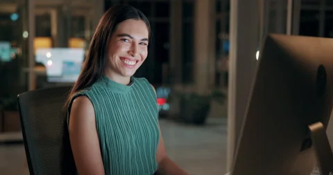 Computer, face and smile with business woman in office for investment report Stock Footage 336307888