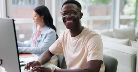 Computer, face and smile of designer man in coworking office for research or web Stock Footage 329422855