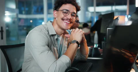 Computer, face and smile of developer man at desk in office as graphic designer Stock Footage 309115924
