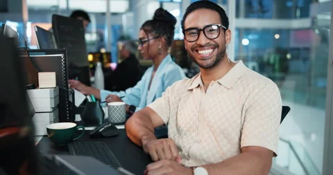 Computer, face and smile of programmer man at desk in office for coworking or Stock Footage 309138139