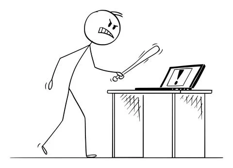 Computer Failure or Error and Angry User with Baseball Bat, Vector Cartoon Stick Stock Illustration