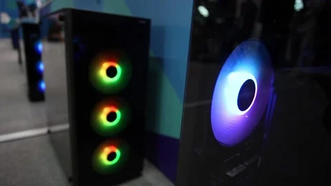 Computer fan with LED illumination.Multi-colored illumination of the cooler. PC Video stock 154546521