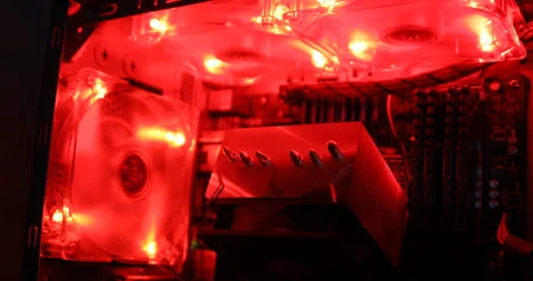 Computer fans for cooling quickly turn in the red light Stock Footage 134417111