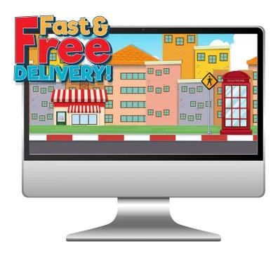 Computer with fast and free delivery logo Illustrazione stock