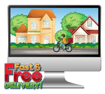 Computer with fast and free delivery logo Illustrazione stock