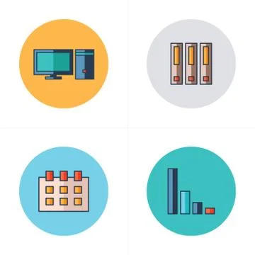 Computer, file, calendar, graph icons flat design Stock Illustration
