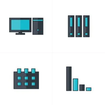 Computer, file, calendar, graph icons black and blue Stock Illustration