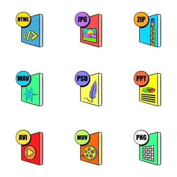 Computer file icons set, cartoon style Illustrazione stock
