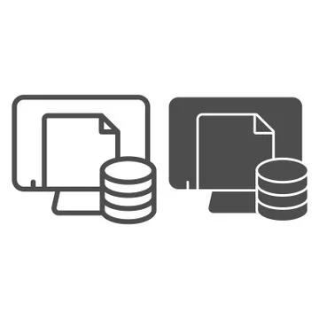 Computer file storage line and glyph icon. Paper archive on pc vector Stock Illustration