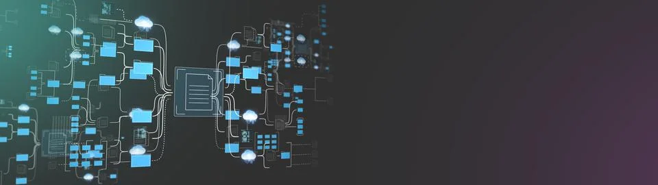 Computer file system with folders and documents network. Widescreen banner Stock Illustration