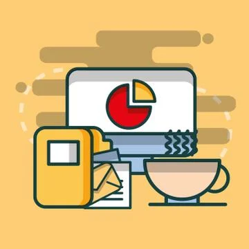 Computer finance chart folder archive and coffee cup office イラスト素材