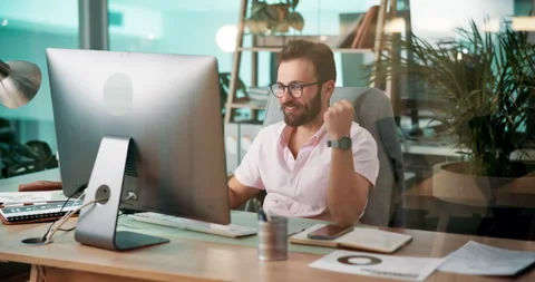 Computer, fist bump and web development with man coding software in office for Stock Footage 305896605