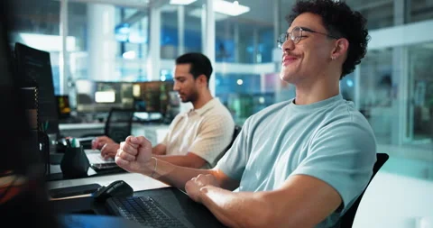 Computer, fist pump and smile of programmer man at desk in office as graphic Stock Footage 309051980