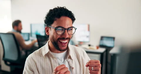 Computer, fist pump and smile with man programmer in office for troubleshooting Stock Footage 335941690