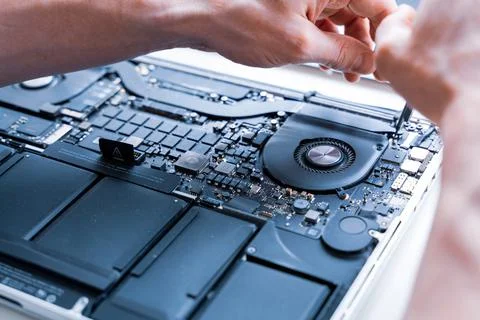 Computer fixing. Maintenance repair engineer support. Pc technician service w Stock Photos