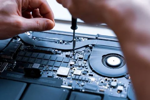 Computer fixing. Maintenance repair engineer support. Pc technician service w Stock Photos