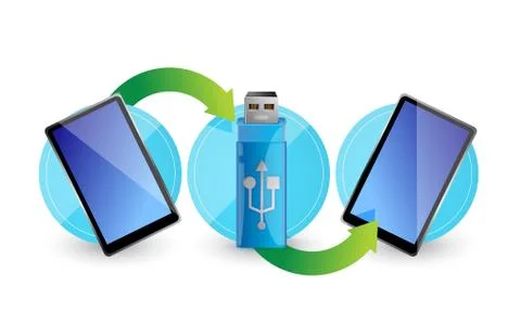 Computer flash drive around two tablets illustration design over white Stock Illustration