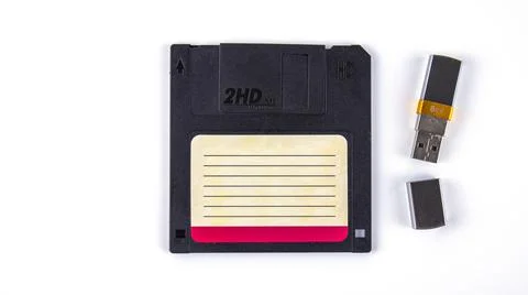 Computer floppy disk with usb flash drive on a white background, isolated, Stock Photos