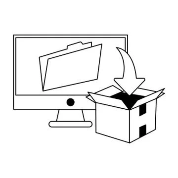 Computer with folder and download box black and white Stock Illustration