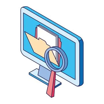 Computer with folder and magnifying glass Stock Illustration