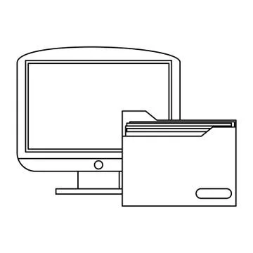 Computer with folder black and white Stock Illustration