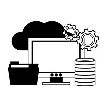Computer with folder in cloud in black and white Stock Illustration