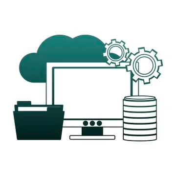 Computer with folder in cloud blue lines Stock Illustration