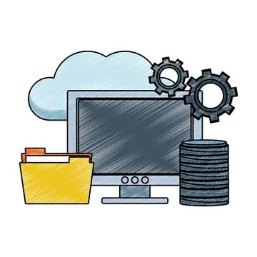 Computer with folder in cloud scribble Stock Illustration