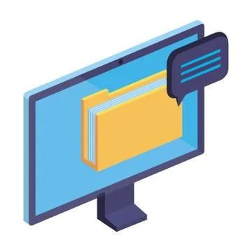 Computer with folder documents files and speech bubble Stock Illustration