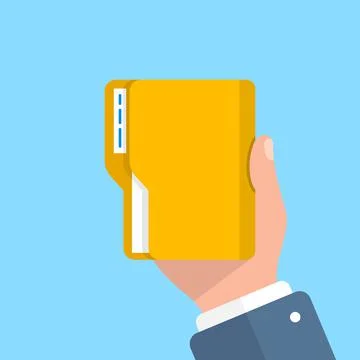 Computer folder in hand illustration in flat style. Document archive vector i Stock Illustration