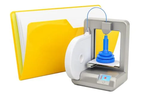 Computer folder icon with 3D printer, 3D rendering Stock Illustration