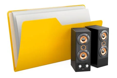 Computer folder icon with computer speakers, 3D rendering Stock Illustration