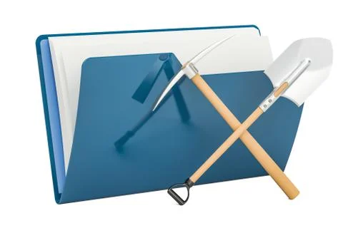 Computer folder icon with crossed pickaxe and spade, 3D rendering Stock Illustration