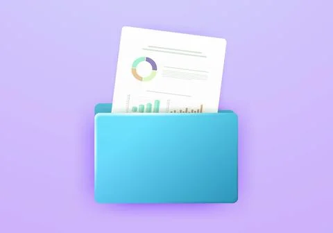 Computer folder icon with financial reports with chart and spreadsheets 3d Stock Illustration