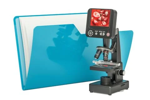 Computer folder icon with microscope, 3D rendering Stock Illustration