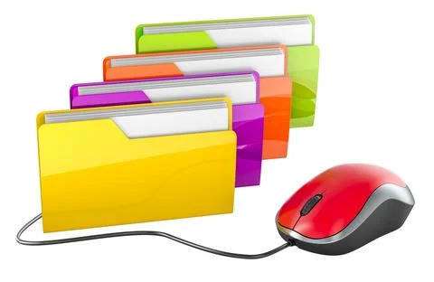 Computer folder icons with computer mouse, 3D rendering Stock Illustration