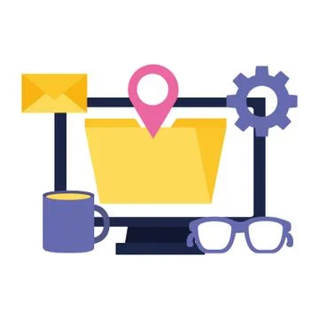 Computer folder pointer coffee cup social media Stock Illustration