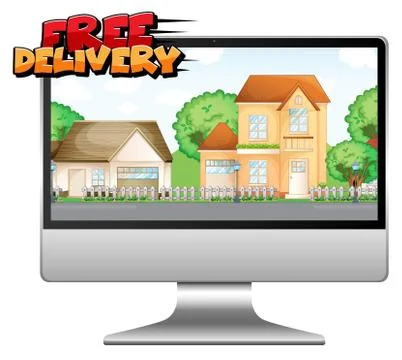Computer with free delivery logo Stock Illustration