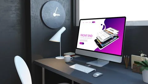 Computer with front end website at navy desktop Stock Illustration