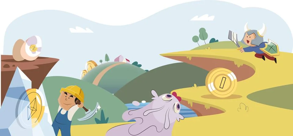 Computer game character passes tests in levels, earns money and exchanges Stock Illustration