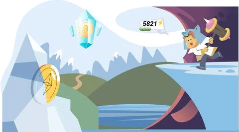 Computer game character passes tests in levels, earns money and exchanges Stock Illustration