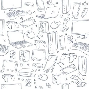 Computer game, device, social gaming vector sketch doodles seamless pattern Stock Illustration