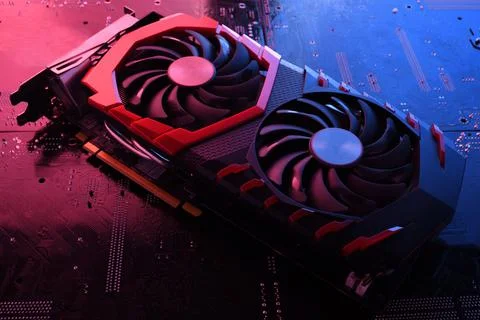 Computer game graphics card, videocard with two coolers on circuit board ,mot 스톡 사진