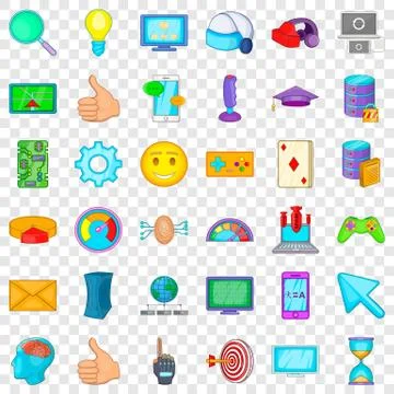 Computer game icons set, cartoon style Illustrazione stock