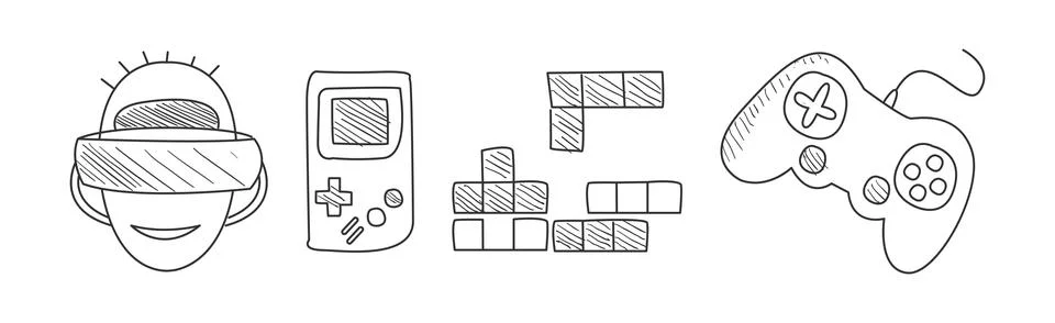 Computer Game Playing Doodle Object and Element Vector Set Stock Illustration