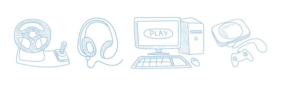 Computer Game Playing Hand Drawn Object and Item Vector Set Stock Illustration