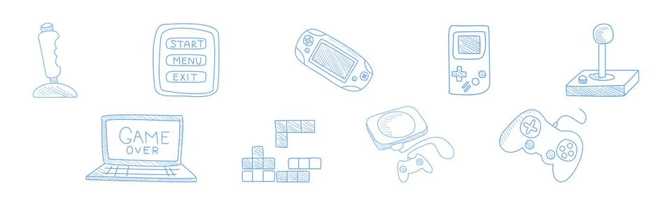 Computer Game Playing Hand Drawn Object and Item Vector Set Stock Illustration