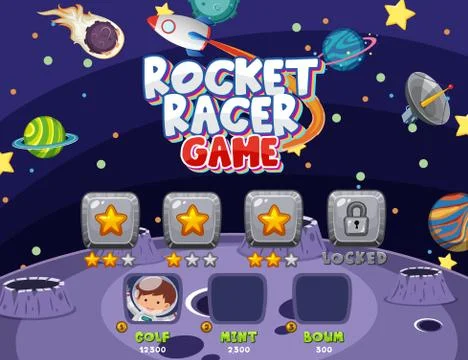 Computer game template with astronaut and many planets in space Illustrazione stock