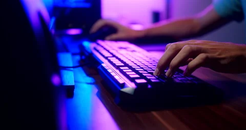 Computer gamer close up on keyboard and mouse, closeup shot. Stockbeeldmateriaal 160549928
